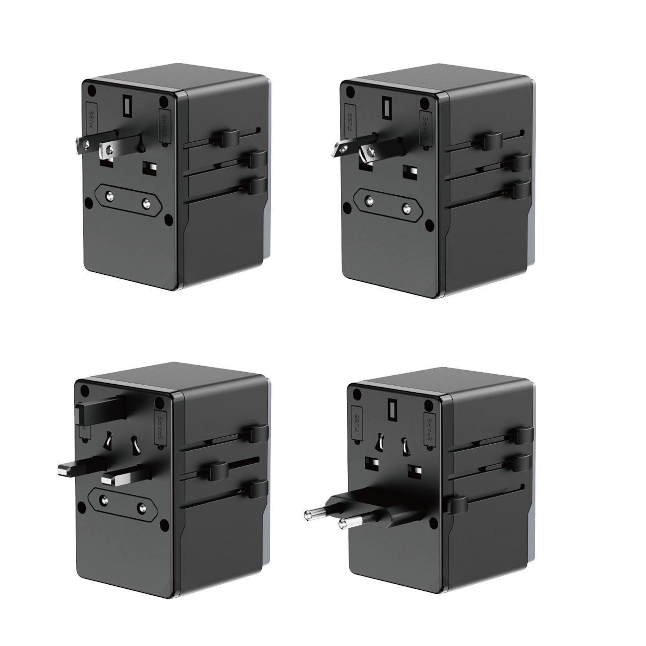 Adaptor de voiaj Dudao A65Pro cu putere de până la 65W cu EU / US / JP / Mufe AUS/UK și 2x porturi USB-C și 2x USB-A pe fundal alb